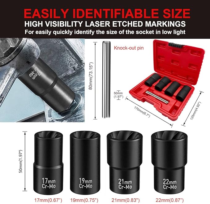 Greywolf 5 pcs Wheel Nut Removal Tool Set, 1/2 Inch Impact Torque Socket Set and Bolt Extractor Set, Wheel Lock Removal Kit, Torque Socket Set for Damaged, Frozen, Rusted Round Bolts, Metric 17-22mm