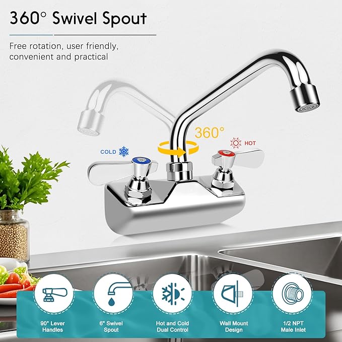 Leak-Free Commercial Sink Faucet 12" Swivel Spout, Wall Mount Kitchen Hand Sink Faucet with 4 Inch Center, 1/2" NPT Male Inlet, Brass Constructed & Chrome Polished, Dual Lever Handles
