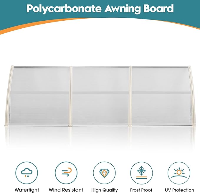 MCombo 115.9" x 37.8" Window Awning Outdoor Polycarbonate Door Shade Patio Cover Canopy, 6055-4012 (Clear Board with White Bracket)