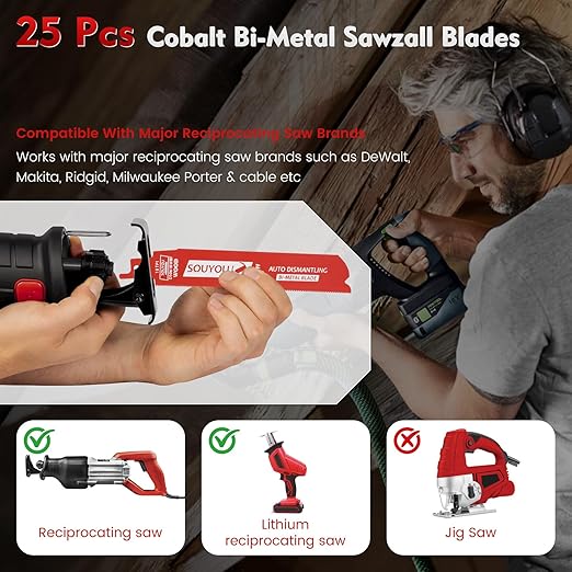 25 Pack 6 in 18 TPI Bi-Metal Reciprocating Saw Blades with Organizer Carbide Alloy Steel for Automobile Dismantling Metal Steel Cutting Non-Stick Coated for Less Heat for 1/16-5/16 Medium Metals