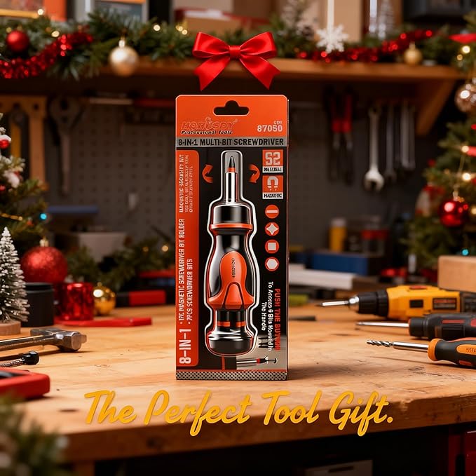 HORUSDY Magnetic Portable Screwdriver Bit Set: 8-in-1 Ratcheting Screw Driver Includes 1/4?쒫it Driver Holder, 7 Screwdriver Bits with Phillips, Slotted, Square, Hex, for Garage & Daily Repair