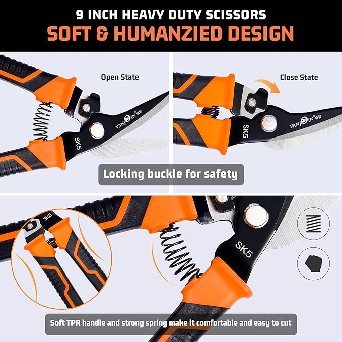 9'' Scissors Heavy Duty, Carpet Cutter with SK-5 Steel Blade, Multipurpose Carpet Cutting Scissors All Purpose for Carpet/Cardboard/Recycle
