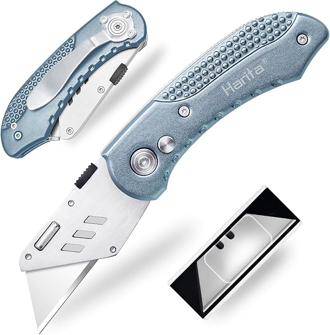 Harita Utility Knife Box Cutter Quick Change Blades, Back-lock Mechanism, Portable Belt Clip, with 5-piece Extra Blades, Grey