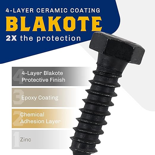 1/2" x 2?? 25-Piece Black Lag Bolts, Rustproof 4-Layer Ceramic BLAKOTE, 2X Protection of Galvanized Lag Screws, for Decks Pergolas by Makers Bolt