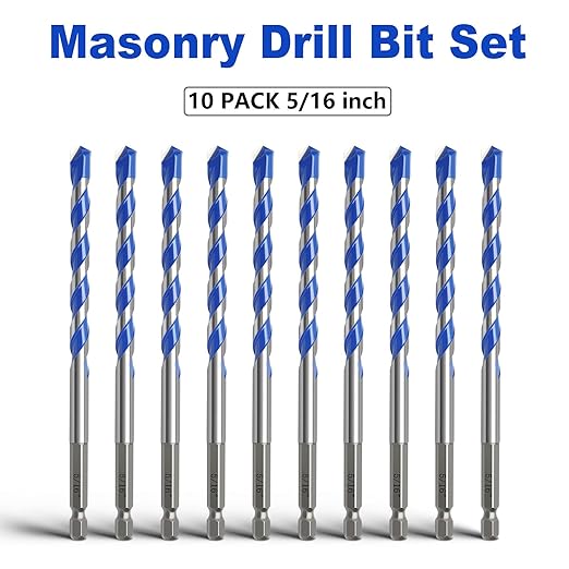 10 Pack 5/16 inch Concrete Drill Bit Set,Masonry Drill Bit Set with Hex Shank,Carbide Tip Drill Bits for Concrete, Tile,Brick, Plastic, Cement,Glass and Ceramic (5/16"竊?0 Pcs竊?