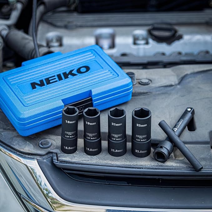 NEIKO 02290B Lug Nut Socket Set, 1/2??Impact Thin Wall Flip Socket Set, Half Size Wheel Socket Set, Metric 6 Point, 5" Extension Bar & Knockout Bar, 18.5mm, 19.5mm, 21.5mm, and 22.5mm