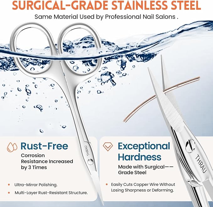 THRAU Right-Handed Cuticle Scissors ??Surgical Grade Stainless Steel with Sharp Curved Tip for Cuticles, Nails, Eyebrows, Eyelashes, Nose Hair & Beard ??Ideal for Manicure & Precise Grooming