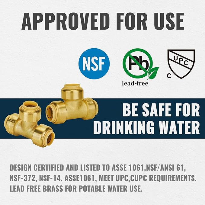 SUNGATOR Push Fitting Set, 1/2 Inch Pushfit Tee (5 PCS), 3/4 Inch Pushfit Tee (3 PCS), No Lead Brass Push to Connect Plumbing Fittings for Pex Pipe, Copper, CPVC, with 2 Disconnect Clips, Pack of 8