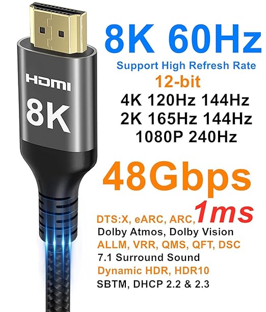 8K HDMI Cable 48Gbps 65 FT, Nylon Braided High Speed HDMI짰 Cable 4k 120Hz 2k 165Hz 8k 60Hz 12bit eARC ARC Dolby Atmos HDR10+ HDCP2.3 Compatible for Gaming PC TV Soundbar Monitor Mac PS5 Xbox