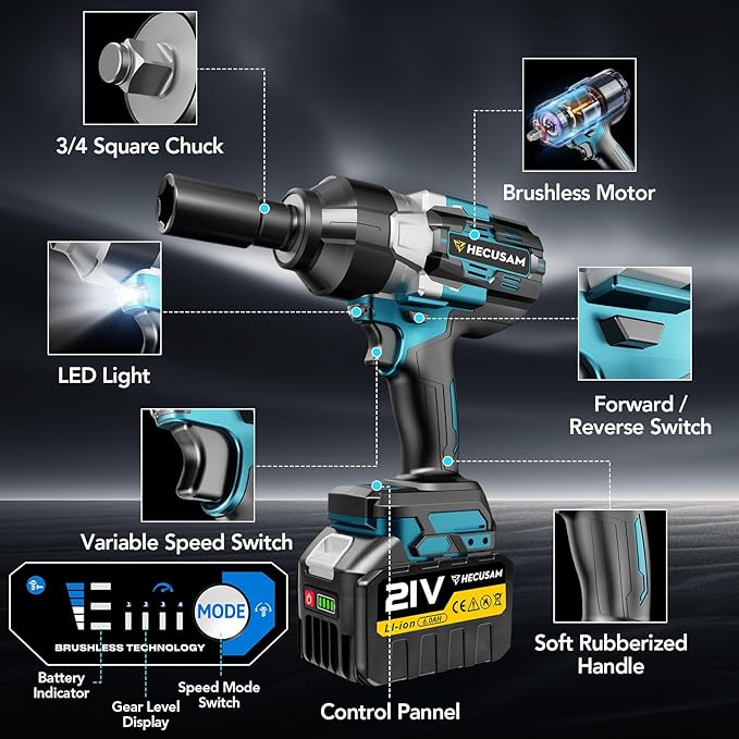 3/4" Cordless Impact Wrench, 1549Ft-lbs(2100N.m) Brushless Impact Gun, 2x6.0Ah Batteries, Max 5100RPM with Reverse Auto-Stop & LED Light for Car Truck Lug Nuts, Auto Repair, Industrial & DIY