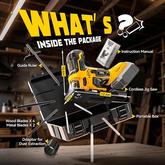 Ecarke Cordless&Brushless Jig Saw Compatible With Dewalt MAX 20V(Only Tool), 3800RPM, 7 Speeds Dial Control, Free-Tool ±45° Bevel Cuts, 4 Orbital Action, Dust Blows and 6 Blades For Cutting