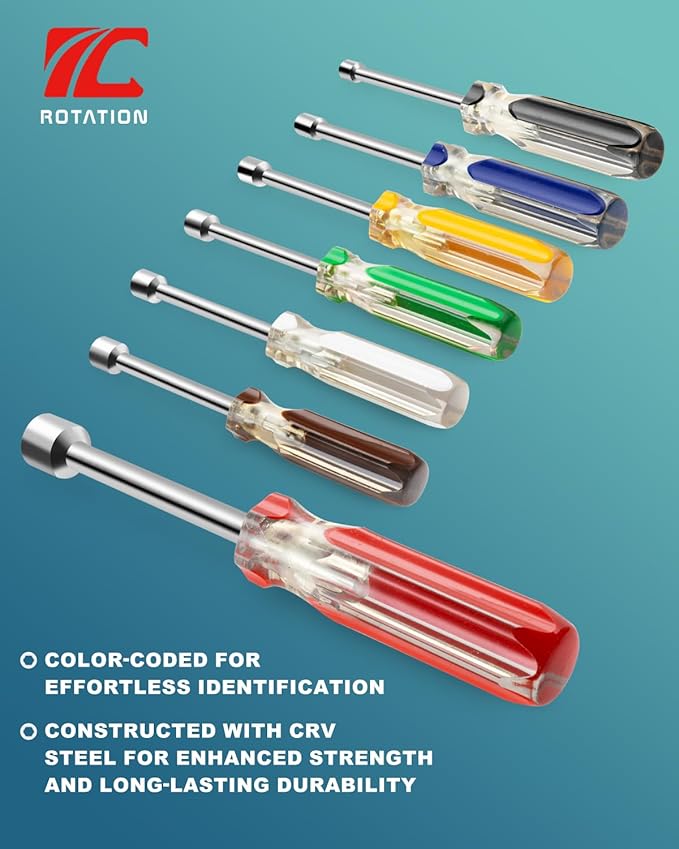 ROTATION 7pc Nut Driver Set 5/16" to 1/4" - Chrome Vanadium Steel, Comfort Grip for Automotive & Electrical Repair