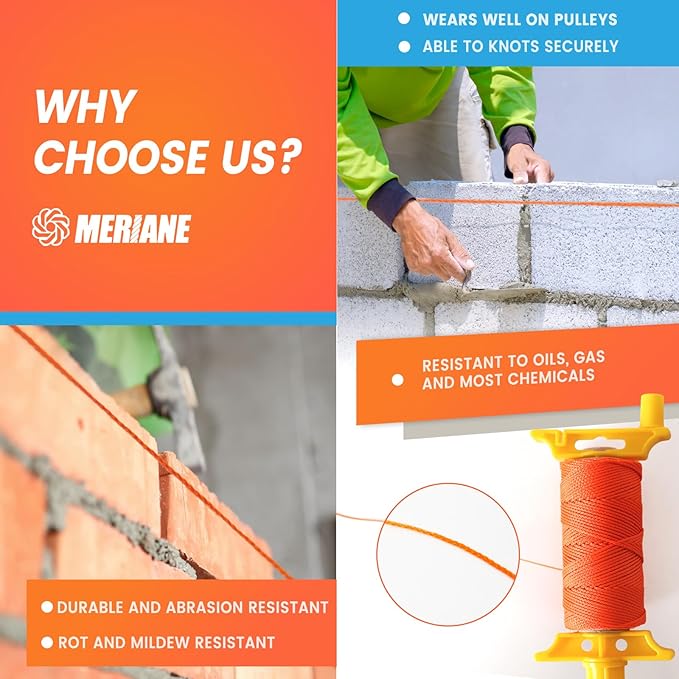 MERIANE Mason Line w/Reloadable Line Reel, 250FT Nylon String Line, 18# Braided Twine String for Masonry Job, Level Lines in Construction, Gardening, Fluorescent Orange