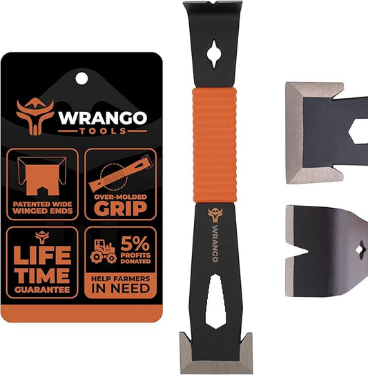 Wrango Tools 9.5" Trim Bar Pry Bar - Patented Small Pry Bar with Bolt Remover & Nail Puller for Home Improvement & Construction - Flat Bar with Shock-Absorbing Grip & Wide Winged Ends