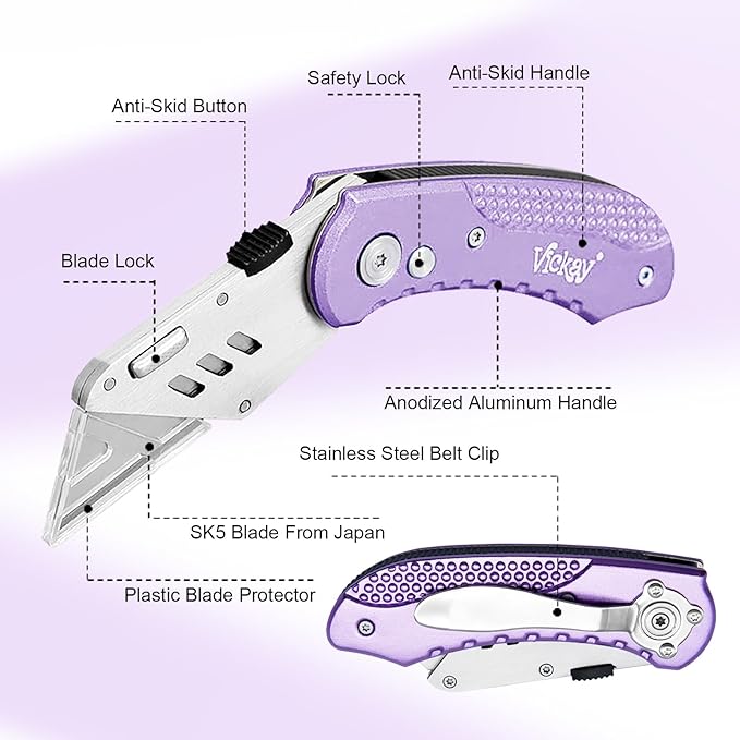 Vickay Folding Utility Knife, Box Cutter with 5 SK5 Quick Change Blades, Safety Axis Lock Design Razor Knife, Lightweight Aluminum Handle Belt Clip for Office Home Artcraft 竊뉽ight Purple)