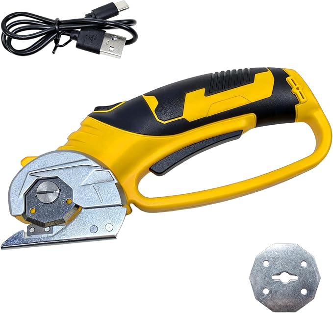 Cordless Electric Scissors with two Blades, 4V Rechargeable Cardboard Box Cutter with LED Light & Safety Lock,Powerful Rotary Cutter tool Cuts Fabric, Cardboard, Leather, Carpet up to 1/4”