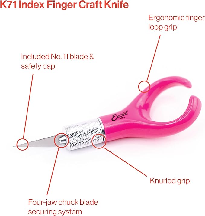 Excel Blades K71 Fingertip Craft Knife ??7-Inch Ergonomic Hobby Knife with Finger Loop ??Precision Cutting Tool for Paper, Vinyl, Foam, and Stencils ??Includes #11 Blade and Safety Cap ??Pink