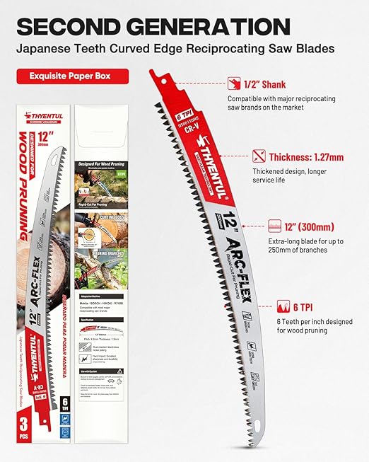 12" Arc Reciprocating Saw Blades,6TPI Japanese Hardened Teeth Wood Pruning Saw Blades for Tree Trimming, Wood Cutting,3 Pack