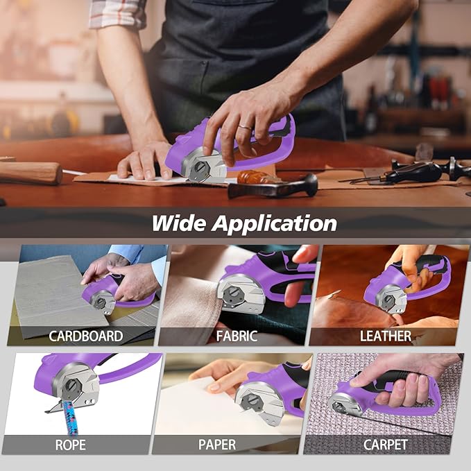 Cordless Electric Scissors, 4V Rechargeable Box Cutter & Cardboard Cutter with LED Light, Safety Lock - Rotary Cutter for Fabric, Leather, Carpet, Plastic, Crafting, Sewing with Storage Box(Purple)