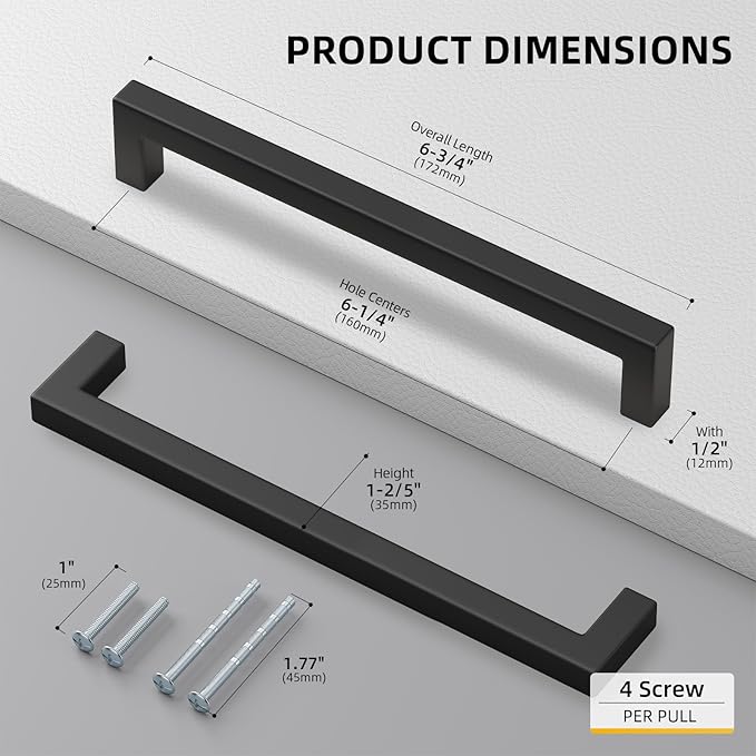 Goldenwarm 100 Pack 6-1/4 Inch Black Cabinet Handles Matte Black Drawer Pulls Stainless Steel Cabinets Hardware Square Bar Modern for Kitchen Bathroom Cupboard