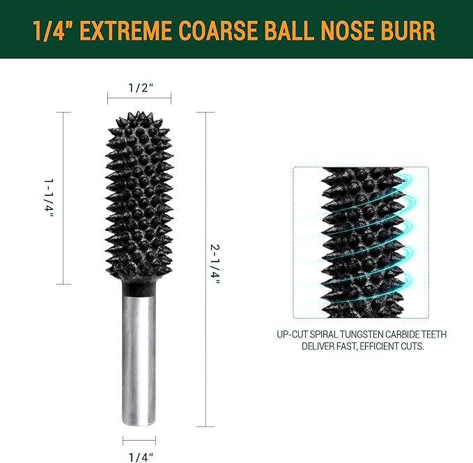 Extreme Ball Nose Rotary Burr, 1??" Shaft, Very Coarse - Woodworking Rotary Rasp File for Dremel, Foredom, DeWalt, Milwaukee - Abrasive Tungsten Carbide (1/2"*1-1/4")