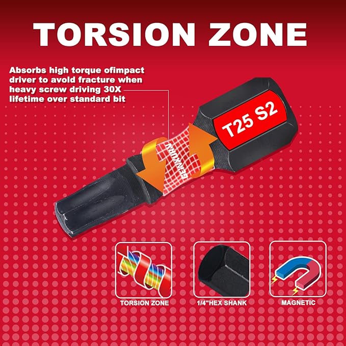 40 Pieces 1 In. T25 Impact Tough Magnetic Screwdriver Bit Set, #25 Torx Head Insert Bits, S2 Alloy Steel Star Bits with 1 Pc Impact Bit Holder and Storage M-Box