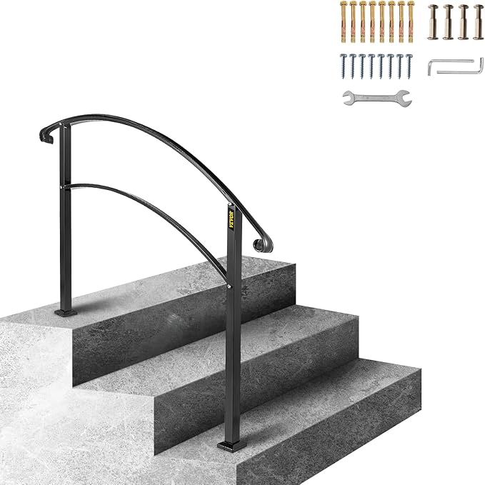 VEVOR Adjustable Metal Staircase Handrail for Outdoor Steps, 2-3 Steps Black Arch#1, Thickened Stair Railings for Porch, Deck