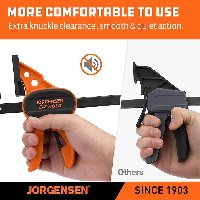 Jorgensen 6" Bar clamps for woodworking - 4-Pack, One-Hand Light Duty E-Z Hold Spreader Clamp, 150 lbs Capacity, Versatile and Easy-to-Use Design