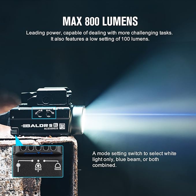OLIGHT Baldr S Blue Beam 800 Lumens Magnetic USB Rechargeable Tactical Flashlight with White LED Combo, Compact Rail Mounted Light with 1913 or GL Rail, Battery Included (Black)