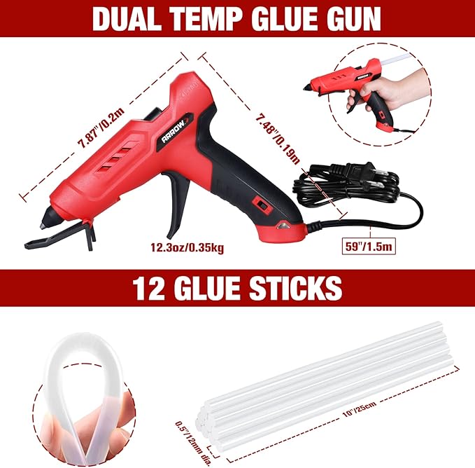 Arrow Full Size Dual Temp Glue Gun Kit with 12 Sticks - Professional, High/Low Temperature, Fast Heating, Heavy Duty with Stand for D챕cor, Crafts, Repairs, Construction
