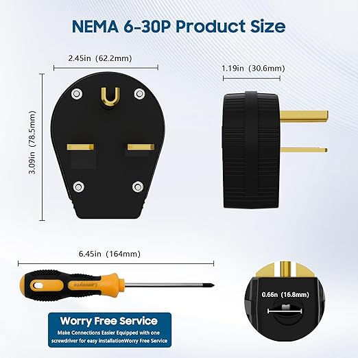 NEMA 6-30P Straight Blade Angle Plug 2 Pack, AC Dryer Replacement Male Angle Plug,3-Prong Grounding Heavy Duty Universal Power Male Connector for Dryers and Ranges,30 Amp,250Volt -with 1 Screwdriver