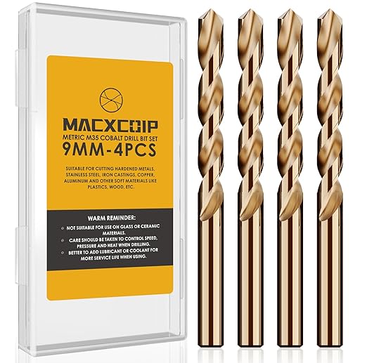 Metric 4Pcs M35 Cobalt Drill Bit Set, 9mm HSS Cobalt Jobber Drill Bits, for Hardened Metals, Stainless Steel, Cast Iron and Wooden Plastics