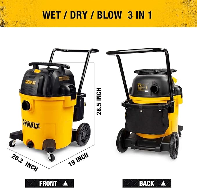DEWALT 16 Gallon Shop Vacuum Wet/Dry, 6.5 Peak HP, Heavy Duty Poly Vac with Powerful Suction, Cart Style Wet/Dry/Blow 3 in 1 Multifunction Wet and Dry Shop Vacuum, Built-in Drain, DXV16PA