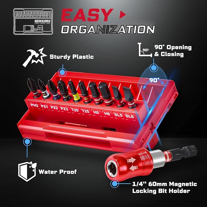 44Pieces Impact Screwdriver Bits Set, Magnetic S2 Steel 1??Phillips/Square/Torx/Slotted/Pozi/Hex Insert Bits Tips,Impact Bit Holder with X-Shape Storage Box Case