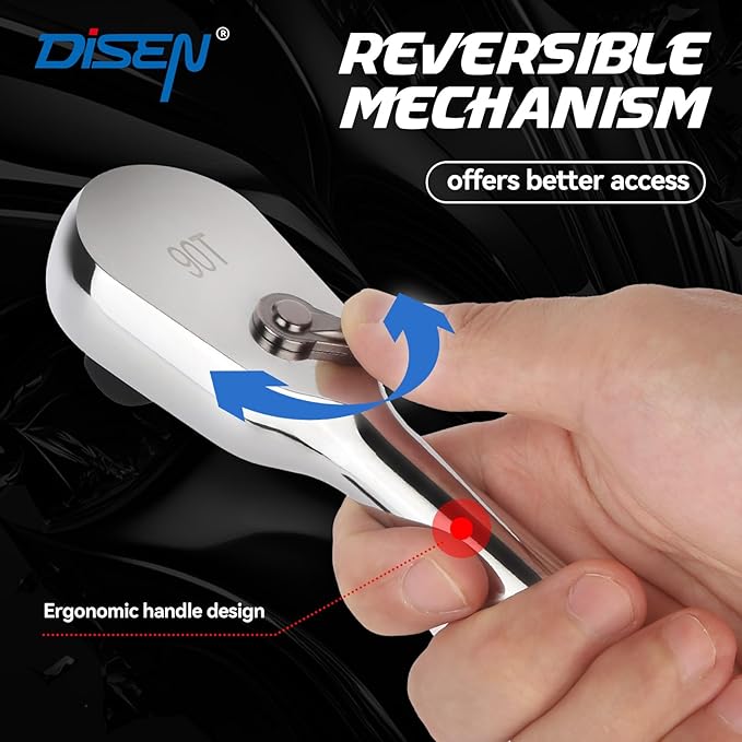 DISEN 3PCS Long Drive Ratchet Handle,1/2'',1/4'',3/8'' 90 Tooth Ratchet Wrench with Dust Proof Teardrop Enclosed Head, Reversible, CR-V Steel Made, CR-MO Head, Full Polished, Gifts for Men