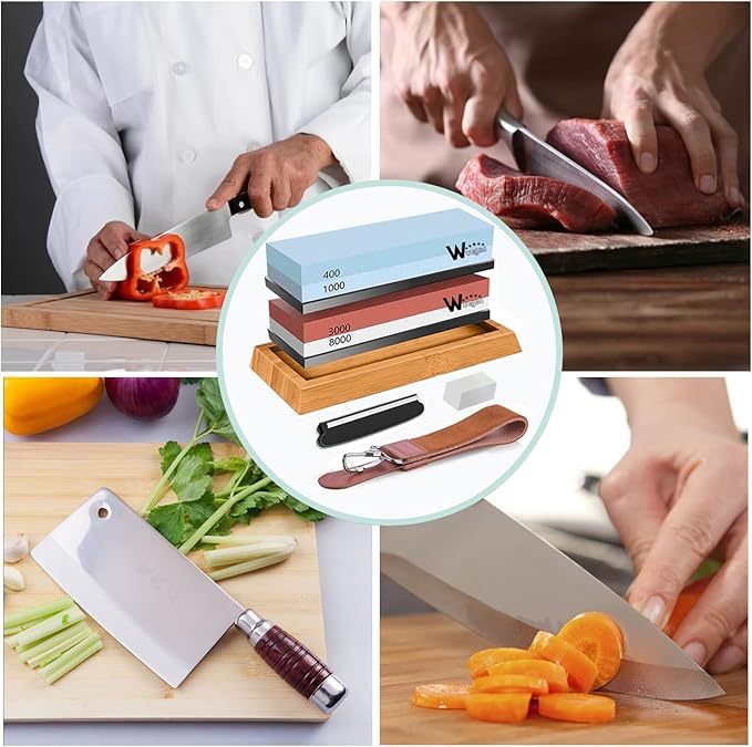 Wucgea Knife Sharpening Stone Kit - 400/1000 3000/8000 Grit Japanese Whetstone Sharpener set with Non-slip Rubber Base Angle Guide Flattening stone and Leather Strop…
