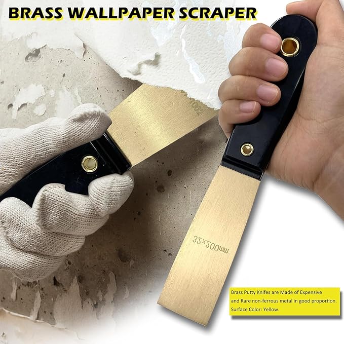 WEDO 2pcs Brass Putty Knife Set, 1-1/4" Paint Scraper with Bakelite Handle, Painters Knife, Drywall Knife, Scraper Tool for Plaster Scraping Drywall Finishing, 8" Length