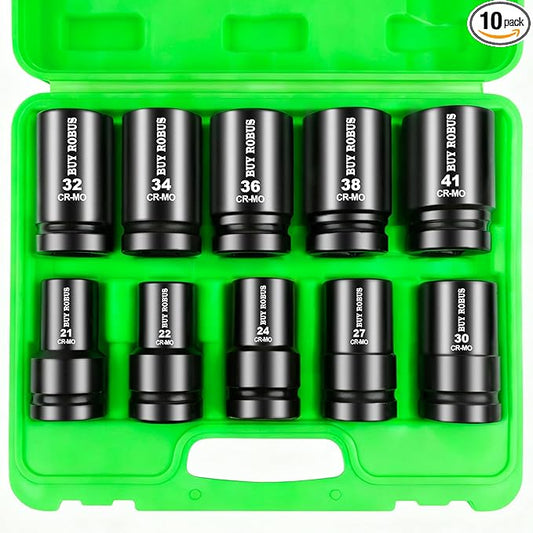 10PCS 1 In Drive Deep Impact Socket Set, Metric, CR-MO, 21,22,24,27,30,32,34,36,38,41mm, Deep Spindle Axle Nut Impact Socket Set