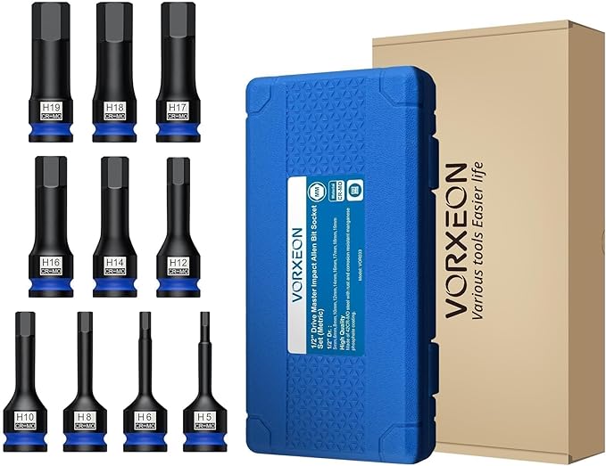 10 Pcs 1/2" Drive Metric Impact Allen Hex Bit Socket Set 42 Cr-Mo 5mm - 19mm One-piece construction with Storage case for Automotive repair