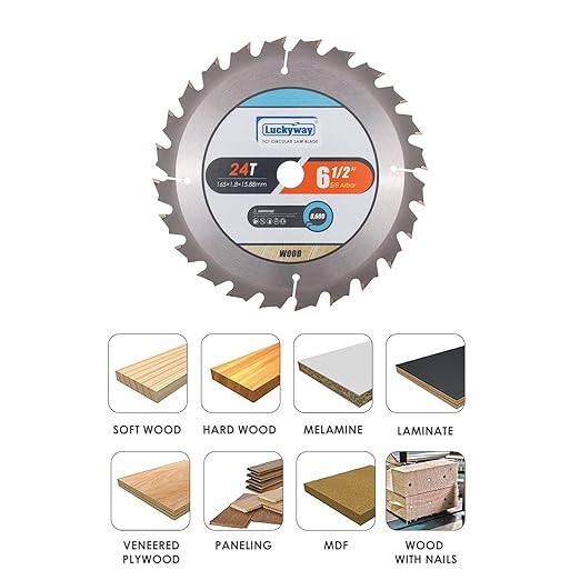 Luckyway 6-1/2 Inch Circular Saw Blade 24T Framing with 5/8 Inch Arbor TCT(Tungsten Carbide Tipped) Saw Blade for Cutting Wood 3-Pack
