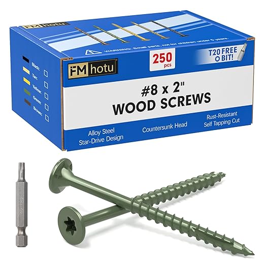 #8 x 2” Deck Screws, 250Pcs Star Drive Wood Screws, Rust Resistant Timber Screws for Timber/Log/Landscaping Wood, T20 Star Bit Included, Green