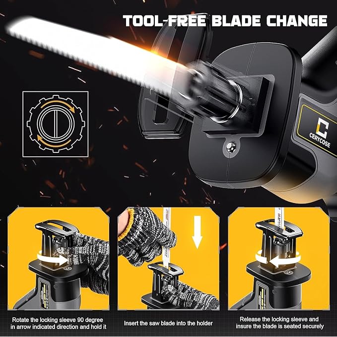 Cordless Reciprocating Saw Compatible with DeWalt 20V Max Battery, Brushless motor, Variable Speed 0-3000 Spm, Tool Free Blade Change, 4 Saw Blades for Wood/Metal/PVC Cuts (NO Battery)