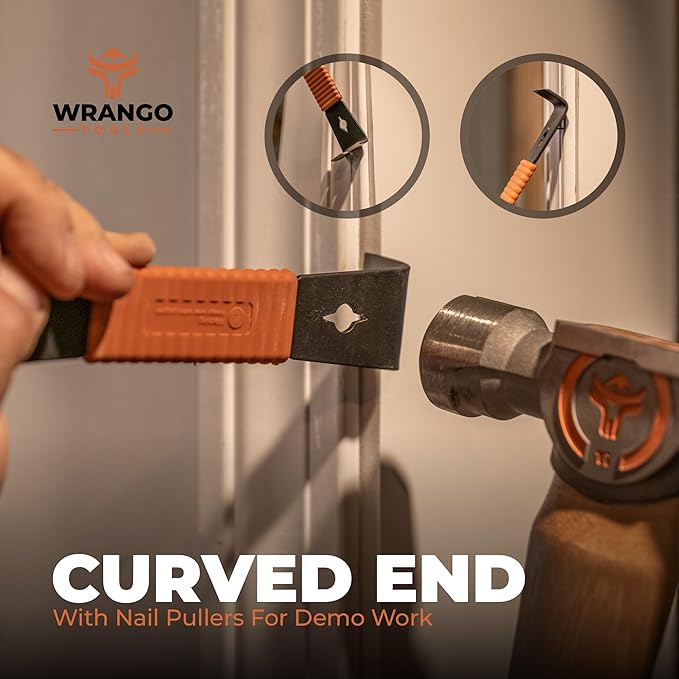 Wrango Tools 9.5" Trim Bar Pry Bar - Patented Small Pry Bar with Bolt Remover & Nail Puller for Home Improvement & Construction - Flat Bar with Shock-Absorbing Grip & Wide Winged Ends