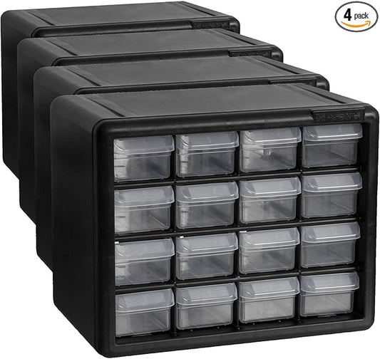 Akro-Mils 16-Drawer Plastic Cabinet for Garage Organization, Beads, Makeup Organizer, Building Bricks Storage, Teacher Toolbox, 10-1/2" W x 6-1/2" D x 8-1/2" H, 10716 Black (Pack of 4)