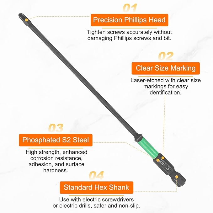 HARFINGTON #2 Impact Phillips Screwdriver Bit PH2 1/4" Hex Shank 6" (150mm) Length 0.12" Rod Magnetic Cross Head Drill Bits S2 Steel Industrial Screw Drivers for Impact Power Tools