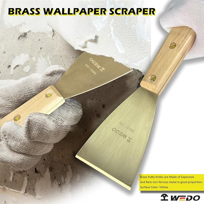 WEDO Brass Putty Knife,3" Paint Scraper,Length 12",Safety Scraper Tool,Spackle Knife,Long Wood Handle,Brass Material,Taping Knife Tool for Repairing Drywall, Removing Wallpaper, Applying Putty