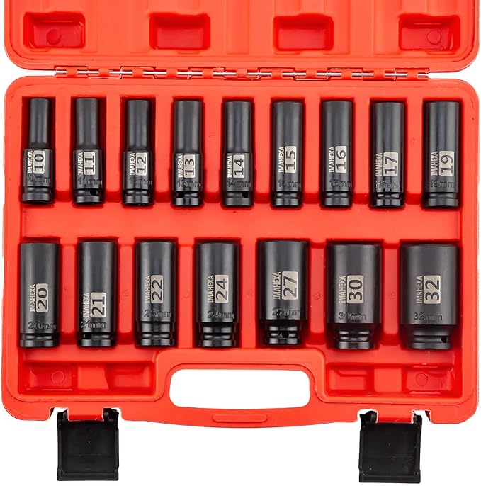 16PCS Impact Socket Set 1/2"Drive,Metric Sizes (10 to 32 mm),Allen Socket Set,Deep CO-MO Meterial Socket Set,Sleek Socket With Premium Red Organizer