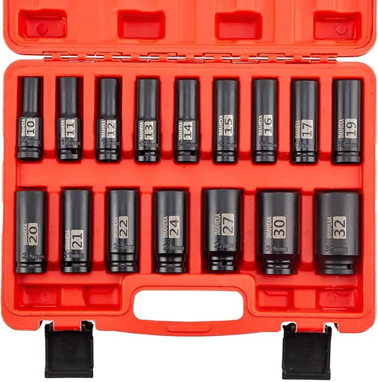 16PCS Impact Socket Set 1/2"Drive,Metric Sizes (10 to 32 mm),Allen Socket Set,Deep CO-MO Meterial Socket Set,Sleek Socket With Premium Red Organizer