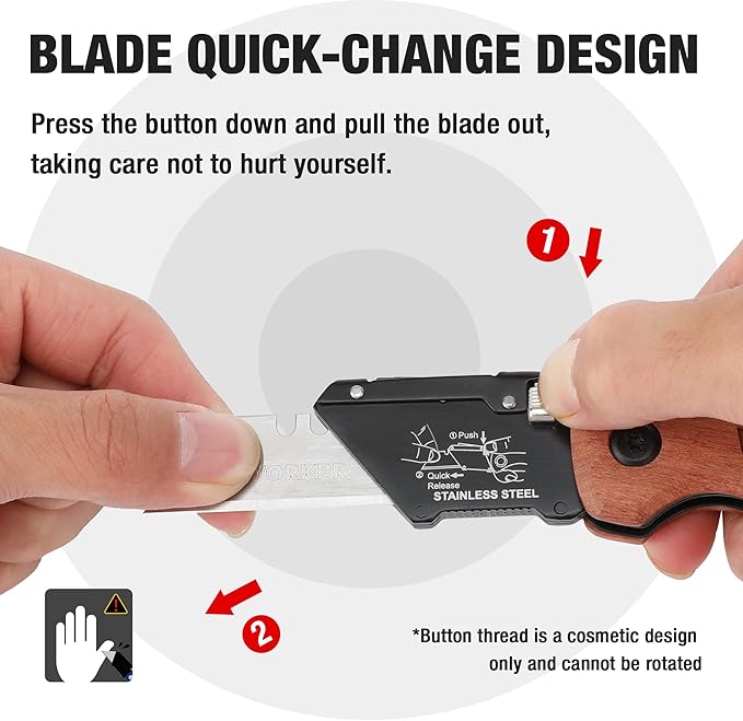 WORKPRO Folding Utility Knife with Stainless Steel Head, Quick-change Blade & Back Lock, Wood Handle Heavy Duty Box Cutter, 1PC Razor Knife with Extra 10PC SK5 Blades