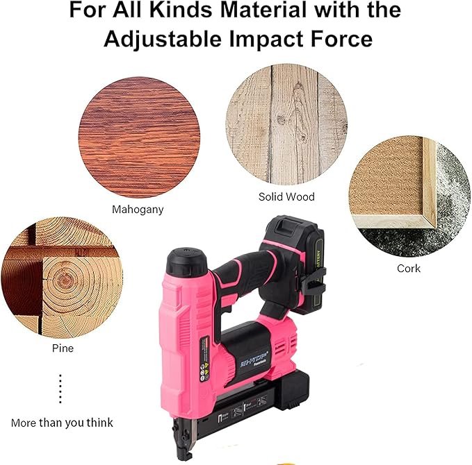 BHTOP 20V Cordless Brad Nailer竊냆tapler, 18 Gauge 2 in 1 Stapler Kit, Heavy Finish Nail Gun with 2.0A Rechargeable Battery, Charger, 2500 Brad Nails and 500 Staples in Pink